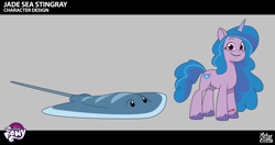 Size: 2423x1283 | Tagged: safe, imported from derpibooru, izzy moonbow, pony, unicorn, spoiler:g5, spoiler:my little pony: tell your tale, spoiler:tyts02e28, .psd available, behind the scenes, bracelet, concept art, enchantment under the sea, female, g5, horn, jewelry, lil critter workshop, mare, my little pony logo, my little pony: tell your tale, official, pony for scale, smiling, stingray, unshorn fetlocks