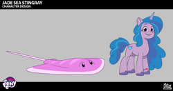 Size: 2423x1283 | Tagged: safe, imported from derpibooru, izzy moonbow, pony, unicorn, spoiler:g5, spoiler:my little pony: tell your tale, spoiler:tyts02e28, .psd available, behind the scenes, bracelet, concept art, enchantment under the sea, female, g5, horn, jewelry, lil critter workshop, mare, my little pony logo, my little pony: tell your tale, official, pony for scale, smiling, stingray, unshorn fetlocks