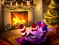 Size: 4504x3436 | Tagged: safe, artist:empress-twilight, imported from derpibooru, twilight sparkle, alicorn, pony, butt, candle, christmas, christmas decoration, christmas presents, christmas tree, clothes, commission, dock, ear fluff, eye clipping through hair, eyebrows, eyebrows visible through hair, female, fireplace, holiday, horn, indoors, looking at you, lying down, mare, my little pony, on back, smiling, smiling at you, socks, striped socks, tail, tree, twibutt, twilight sparkle (alicorn), wings, ych result