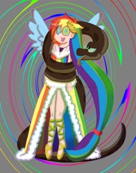 Size: 1002x1280 | Tagged: safe, artist:daphflocon, imported from derpibooru, rainbow dash, human, snake, clothes, coils, cute, dashabetes, dress, duo, female, forked tongue, gala dress, hypno dash, hypno eyes, hypnosis, hypnotized, kaa, kaa eyes, male, open mouth, open smile, rainbow dash always dresses in style, smiling, spread wings, wings