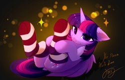 Size: 3373x2171 | Tagged: safe, artist:empress-twilight, imported from derpibooru, twilight sparkle, alicorn, pony, butt, clothes, commission, dock, ear fluff, eye clipping through hair, eyebrows, eyebrows visible through hair, female, horn, looking at you, lying down, mare, my little pony, on back, smiling, smiling at you, socks, solo, sparkles, striped socks, tail, twibutt, twilight sparkle (alicorn), wings, ych result