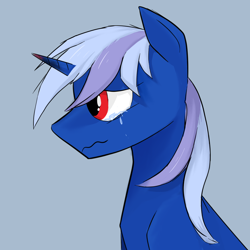 Size: 1080x1080 | Tagged: safe, artist:migesanwu, imported from derpibooru, oc, oc only, oc:darknight gleam, pony, unicorn, blue background, burnt, bust, crying, horn, male, portrait, red eyes, sad, side view, simple background, solo