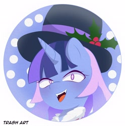 Size: 2028x2048 | Tagged: safe, artist:eltrash_art6, imported from derpibooru, oc, oc:flawless sparklemoon, pony, unicorn, blushing, christmas, clothes, coat, female, fusion, fusion:trixie, fusion:twilight sparkle, fusion:twixie, hat, holiday, holly, holly mistaken for mistletoe, horn, icon, mare, open mouth, snow, solo, top hat