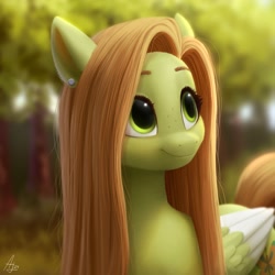 Size: 2000x2000 | Tagged: safe, artist:luminousdazzle, imported from derpibooru, oc, oc only, oc:lumina, pegasus, pony, blurry background, bust, colored wings, ear piercing, female, forest, freckles, mare, nature, pegasus oc, piercing, smiling, solo, tree, two toned wings, wings