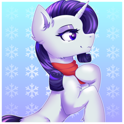 Size: 3000x3000 | Tagged: safe, artist:divori, imported from derpibooru, rarity, pony, unicorn, chest fluff, clothes, ear fluff, female, fluffy, high res, horn, mare, rearing, scarf, simple background, solo, standing on two hooves