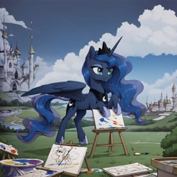 Size: 4608x4608 | Tagged: safe, imported from twibooru, princess luna, alicorn, pony, ai content, ai generated, canterlot, canvas, castle, easel, female, horn, image, mare, needs more jpeg, paint, painting, prompter:paleluna, scenery, smiling, solo, solo female, wings