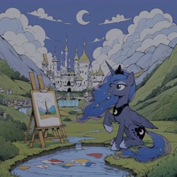 Size: 4608x4608 | Tagged: safe, imported from twibooru, princess luna, alicorn, pony, ai content, canterlot, canvas, crescent moon, female, folded wings, image, magic, mare, moon, needs more jpeg, paintbrush, painting, prompter:paleluna, scenery, sitting, solo, solo female, telekinesis, tongue out, water, wings