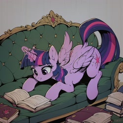 Size: 3072x3072 | Tagged: safe, imported from twibooru, twilight sparkle, alicorn, pony, ai content, ai generated, book, couch, dock, female, glowing, glowing horn, horn, image, mare, needs more jpeg, prompter:paleluna, prone, smiling, solo, solo female, twilight sparkle (alicorn)