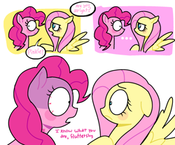 Size: 1723x1430 | Tagged: safe, artist:doodlesinky, imported from derpibooru, fluttershy, pinkie pie, earth pony, pegasus, alrighty then, comic, duo, i know what you are, threatening