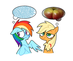 Size: 1723x1430 | Tagged: safe, artist:doodlesinky, imported from derpibooru, applejack, rainbow dash, earth pony, pegasus, anxiety, apple, appledash, duality, duo, female, food, lesbian, mare, shipping, silly, thinking