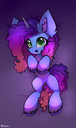 Size: 1300x2200 | Tagged: safe, artist:rejiser, imported from derpibooru, pony, unicorn, bedsheets, big ears, commission, cute, female, g5, horn, lying down, mare, misty brightdawn, on back, open mouth, simple background, solo, weapons-grade cute