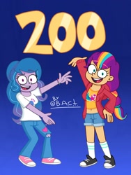 Size: 1560x2080 | Tagged: safe, artist:garybaldor, imported from derpibooru, izzy moonbow, sunny starscout, human, equestria girls, blue background, bracelet, clothes, converse, cutie mark, cutie mark on clothes, denim, denim shorts, duo, duo female, equestria girls-ified, eyebrows, eyebrows visible through hair, female, g5, g5 to equestria girls, g5 to g4, generation leap, gradient background, hoodie, jeans, jewelry, mane stripe sunny, numbers, pants, shirt, shoes, shorts, signature, simple background, smiling, socks, torn clothes