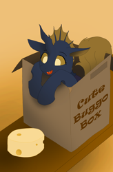 Size: 1600x2432 | Tagged: safe, artist:puginpocket, derpibooru exclusive, imported from derpibooru, oc, oc only, oc:vexim, changeling, behaving like a cat, blue changeling, box, changeling oc, cheese, food, male, shelf, simple shading, solo, text, wall