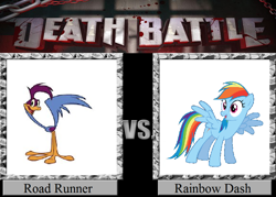 Size: 1008x720 | Tagged: safe, artist:jasonpictures, edit, imported from derpibooru, rainbow dash, bird, pegasus, pony, roadrunner, death battle, exploitable meme, female, greater roadrunner, looney tunes, male, mare, meme, merrie melodies, road runner, the looney tunes show, vs