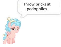 Size: 743x581 | Tagged: source needed, safe, edit, imported from derpibooru, cozy glow, pegasus, pony, based, bow, caption, cozyposting, even evil has standards, female, filly, foal, freckles, hair bow, image macro, meme, pedophile, pedophilia, simple background, solo, speech bubble, text, white background