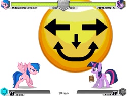 Size: 993x745 | Tagged: safe, artist:tom artista, imported from derpibooru, firefly, rainbow dash, twilight sparkle, pegasus, pony, unicorn, fighting is magic, arrow, bipedal, book, creepy, emoji, expression, expressions, facial expressions, fan game, g1, game screencap, horn, new, recolor, simple background, stage, strange, weird, white background