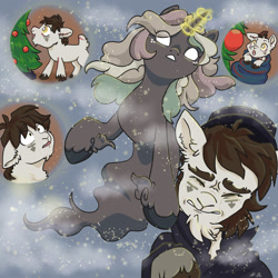 Size: 2000x2000 | Tagged: artist needed, safe, imported from derpibooru, oc, oc only, oc:gote, ghost, ghost pony, goat, pony, undead, unicorn, brown mane, cane, cape, christmas, christmas carol, christmas tree, clothes, colt, cute, ebenezer scrooge, eyelashes, flashback, foal, ghost of christmas past, glowing, glowing horn, hat, holiday, horn, in awe, magic, male, purple coat, scarf, shirt, snow, story included, top hat, tree, unshorn fetlocks, white eyes, yellow eyes, youtube link