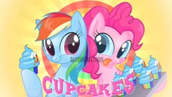 Size: 1600x900 | Tagged: safe, artist:mayhemtown, imported from derpibooru, pinkie pie, rainbow dash, earth pony, pegasus, pony, cupcakes hd, fanfic:cupcakes, better without context, cupcake, cute, dashabetes, diapinkes, duo, duo female, female, food, here we go again, looking at each other, looking at someone, mare, rainbow, remake, text, things are not like what they seem, this will end in death, this will end in pain, this will end in tears, title card, tray, upcoming, watermark