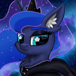 Size: 3000x3000 | Tagged: safe, artist:sunamoonmlp, derpibooru exclusive, imported from derpibooru, princess luna, alicorn, pony, accessory, cheek fluff, clothes, crown, cute, ear fluff, ethereal mane, eyelashes, eyeshadow, female, hoodie, horn, jewelry, makeup, mare, night, outdoors, regalia, sky background, smiling, solo, space, starry mane, stars, the cosmos, wings