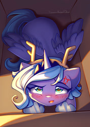 Size: 935x1323 | Tagged: safe, artist:chaosangeldesu, imported from derpibooru, princess luna, alicorn, angry, blushing, box, crown, cute, female, jewelry, looking at you, mare, regalia, solo, solo female