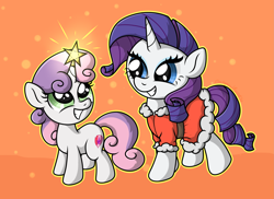 Size: 2959x2160 | Tagged: safe, artist:background basset, imported from derpibooru, rarity, sweetie belle, pony, unicorn, abstract background, belle sisters, christmas, christmas outfit, clothes, costume, cute, duo, female, holiday, horn, looking at each other, looking at someone, santa costume, siblings, sisters, smiling, smiling at each other, stars