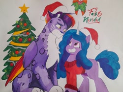 Size: 2048x1536 | Tagged: safe, artist:maximil51083715, imported from derpibooru, izzy moonbow, big cat, leopard, pony, snow leopard, unicorn, alterro, aq bars, chest fluff, christmas, clothes, crack shipping, duo, duo male and female, female, g5, grin, hat, holiday, holly, holly mistaken for mistletoe, horn, izzterro, looking at each other, looking at someone, male, mare, my little pony: tell your tale, photo, santa hat, shipping, smiling, sweater, traditional art, winged big cat