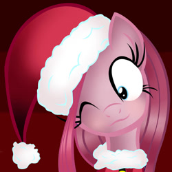 Size: 894x894 | Tagged: safe, artist:asax0, artist:gray-feathers, edit, imported from derpibooru, pinkie pie, earth pony, pony, 2014, christmas, clothes, costume, female, hat, holiday, mare, pinkamena diane pie, red background, santa costume, santa hat, shrunken pupils, simple background