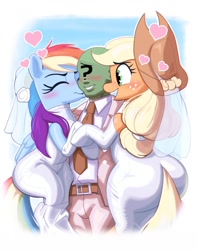 Size: 947x1200 | Tagged: safe, artist:_ton618_, imported from derpibooru, applejack, rainbow dash, oc, oc:anon, earth pony, human, pegasus, pony, applebucking thighs, applebutt, blush lines, blushing, butt, canon x oc, cheek kiss, clothes, dress, eyes closed, female, floating heart, grin, heart, human male, interspecies, kissing, large butt, male, mare, necktie, plott, polyamory, pony on human action, smiling, suit, the ass was fat, thighs, thunder thighs, trio, wedding dress, wide hips