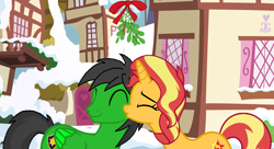 Size: 1076x584 | Tagged: safe, artist:mickey1909, imported from derpibooru, sunset shimmer, oc, oc:star armour, pegasus, unicorn, cheek kiss, female, horn, kissing, male, mistletoe, straight