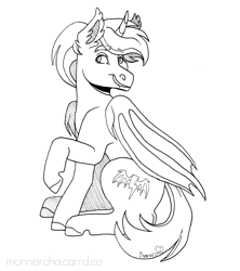 Size: 2400x2700 | Tagged: safe, artist:monnarcha, imported from derpibooru, oc, alicorn, bat pony, bat pony alicorn, pony, bat wings, horn, monochrome, solo, wings