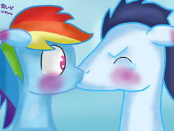 Size: 749x562 | Tagged: safe, artist:anaisthenightguard, imported from derpibooru, rainbow dash, soarin', pegasus, pony, female, kiss on the lips, kissing, male, mare, shipping, soarindash, stallion, straight