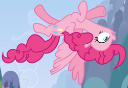 Size: 1086x750 | Tagged: safe, artist:pinkiepartypiepiety, imported from derpibooru, pinkie pie, pegasus, female, flying, pegasus pinkie pie, race swap, solo, upside down