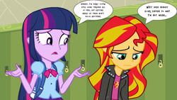 Size: 1573x885 | Tagged: safe, artist:richardchibbard, imported from derpibooru, sunset shimmer, twilight sparkle, human, equestria girls, dialogue, duo, duo female, female