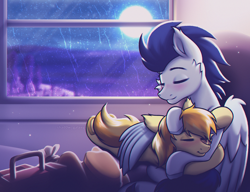 Size: 2600x2000 | Tagged: safe, artist:shad0w-galaxy, imported from derpibooru, braeburn, soarin', earth pony, pegasus, pony, blushing, cheek fluff, cuddling, cute, ear fluff, eyes closed, gay, hat, high res, hooves, hug, male, moon, my little pony the movie: soarin & braeburn, night, patreon, patreon reward, rain, shipping, smiling, soarburn, stallion, suitcase, train