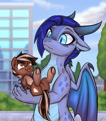 Size: 2000x2294 | Tagged: safe, artist:lina, imported from derpibooru, oc, oc only, oc:lina, oc:lina firesoul, dragon, pony, :p, brown coat, city, coat markings, commission, dragoness, ear markings, female, frog (hoof), looking at each other, looking at someone, oc x oc, shipping, socks (coat markings), tail, tongue out, two toned mane, two toned tail, underhoof