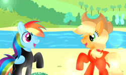 Size: 4854x2910 | Tagged: safe, artist:doraeartdreams-aspy, imported from derpibooru, applejack, rainbow dash, earth pony, pegasus, appledash, applejack's hat, clothes, cowboy hat, female, hat, lake, lesbian, shipping, swimsuit, water