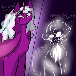 Size: 2614x2605 | Tagged: safe, imported from derpibooru, opaline arcana, alicorn, earth pony, ghost, undead, argyle starshine, argyle/prince alcatzar, g5, long lost family, old names, scar, story:starless skies, white eyes, white sclera