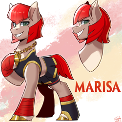 Size: 2048x2048 | Tagged: safe, artist:xiaowu07, imported from derpibooru, earth pony, pony, female, grin, hand wraps, mare, marisa, ponified, smiling, solo, street fighter, street fighter 6, unshorn fetlocks