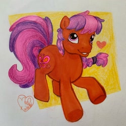 Size: 2048x2048 | Tagged: safe, artist:horse-time-babey, imported from derpibooru, scootaloo (g3), earth pony, pony, braid, cute, female, filly, foal, g3, heart, signature, smiling, solo, traditional art