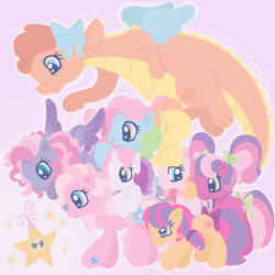 Size: 1280x1280 | Tagged: safe, artist:celestite-caroline, imported from derpibooru, cheerilee (g3), pinkie pie (g3), rainbow dash (g3), scootaloo (g3), starsong, sweetie belle (g3), toola roola, twinkle wish, dragon, earth pony, pegasus, pony, unicorn, twinkle wish adventure, core seven, cute, female, filly, foal, g3, g3.5, g3betes, horn, light pink background, mare, pastel, smiling, stars, toola-roola