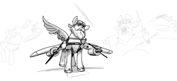 Size: 2363x1087 | Tagged: safe, artist:kerozenne, imported from derpibooru, oc, oc only, pegasus, alcohol, beard, beer, facial hair, grayscale, gun, monochrome, pegasus oc, plane, simple background, sketch, weapon, white background, wings