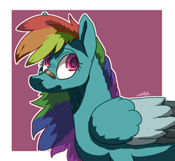 Size: 1198x1108 | Tagged: safe, artist:lawkbutt, imported from derpibooru, rainbow dash, pegasus, pony, band-aid on nose, bandage, bandaid, rainbow, solo