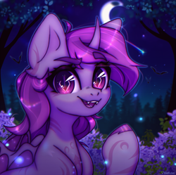 Size: 2921x2908 | Tagged: safe, artist:radioaxi, imported from derpibooru, oc, oc only, bat, bat pony, pony, crescent moon, fangs, forest, high res, horn, looking at you, moon, nature, night, night sky, open mouth, open smile, raised hoof, sky, smiling, smiling at you, solo, stars, tree