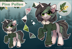 Size: 3462x2351 | Tagged: safe, artist:radioaxi, imported from derpibooru, oc, oc only, oc:pine pollen, pony, unicorn, eye clipping through hair, high res, horn, raised hoof, reference sheet, smiling, solo, unicorn oc