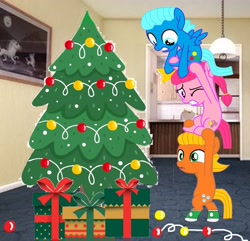 Size: 3291x3174 | Tagged: safe, artist:memeartboi, imported from derpibooru, earth pony, pegasus, pony, anais watterson, bipedal, brother and sister, brothers, carrying, christmas, christmas gift, christmas presents, christmas tree, clothes, colt, cute, daisy the donkey, darwin watterson, decorating, female, filly, foal, gift wrapped, gumball watterson, holding a pony, holiday, indoors, little sister, male, one eye closed, pegasus wings, ponified, present, siblings, socks, spread wings, stack, stacking, standing, stars, teeth, the amazing world of gumball, tree, trio, wings