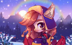 Size: 2289x1440 | Tagged: safe, artist:radioaxi, imported from derpibooru, oc, oc only, bat pony, pony, bat pony oc, bat wings, commission, duo, ear fluff, forest, hat, nature, outdoors, rainbow, scenery, snow, snowfall, sun, tree, wings, winter