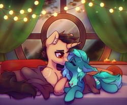 Size: 2825x2329 | Tagged: safe, artist:radioaxi, imported from derpibooru, oc, oc only, earth pony, pony, unicorn, blanket, commission, duo, high res, horn, indoors, lying down, nuzzling, oc x oc, shipping, string lights