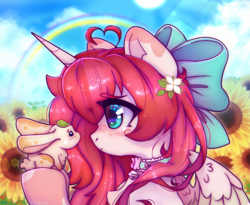 Size: 3823x3139 | Tagged: safe, artist:radioaxi, imported from derpibooru, oc, oc only, oc:nokori, oc:nokori light, alicorn, pony, rabbit, alicorn oc, animal, bow, female, flower, hair bow, high res, horn, looking at something, mare, outdoors, partially open wings, rainbow, solo, sunflower, wings