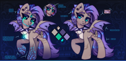 Size: 3588x1747 | Tagged: safe, artist:radioaxi, imported from derpibooru, oc, oc only, oc:poisoned calluna, bat pony, pony, bat pony oc, bat wings, collar, cross, fangs, female, holes in wings, inverted cross, mare, raised hoof, reference sheet, solo, spiked collar, spread wings, torn wings, wings