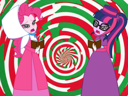 Size: 6008x4524 | Tagged: safe, artist:cartoonmasterv3, imported from derpibooru, pinkie pie, sci-twi, twilight sparkle, human, equestria girls, advent calendar, caroling, christmas, christmas 2024, clothes, dress, duo, female, gown, holiday, hypno eyes, hypnosis, hypnotized, long dress, long skirt, skirt, victorian